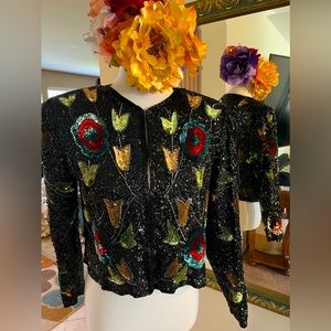Statement Vintage Sequin and Beaded Silk Cocktail Jacket - L  Fantasy Lisa Kane